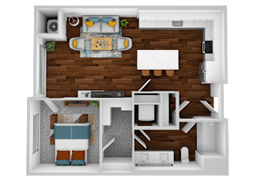 A top-down view of a small apartment with a living room, kitchen, and bedroom.