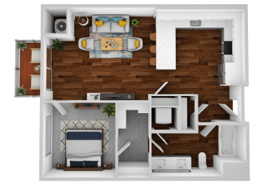 an overhead view of the floor plan of a 1 bedroom apartment