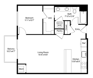 a floor plan of a studio apartment with a bedroom and a living room