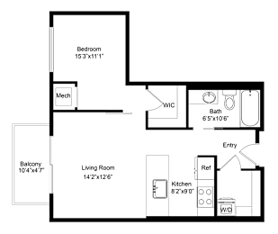 A floor plan of a house with a living room, kitchen, bathroom, and two bedrooms.