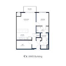 A floor plan of a building with a balcony, living room, kitchen, bathroom, laundry, bedroom, and den.