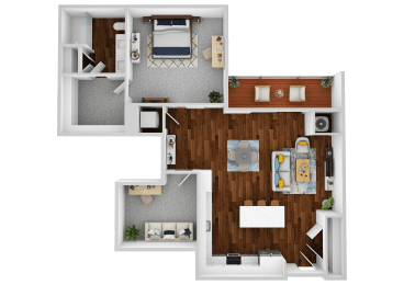 a 3d drawing of the layout of a bedroom and bathroom floor plan