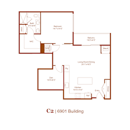 A floor plan of a C2 | 6901 Building with a bathroom, bedroom, living room/dining room, kitchen, and a den.
