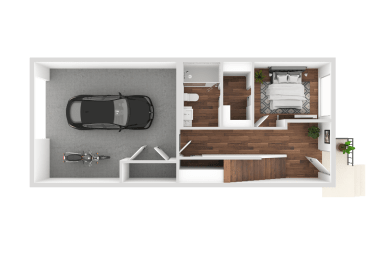 a rendering of a one bedroom apartment with a bathroom and a bedroom with a bed and a
