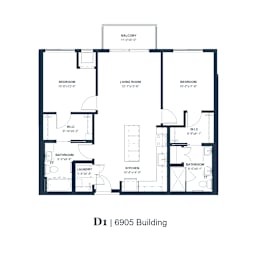 A floor plan of a building with a balcony and four rooms labeled.
