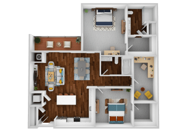 a 3d rendering of the 1 bedroom floor plan with roommates