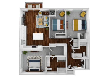 a 3d drawing of the 1 bedroom floor plan with roommates