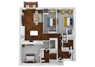 a 3d drawing of a bedroom floor plan with roommates