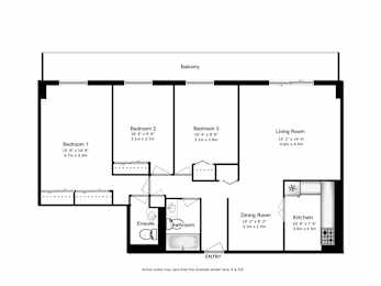 A floor plan of a house with a living room, dining room, kitchen, and three bedrooms.
