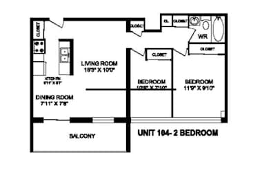 A floor plan of a 2 bedroom apartment.
