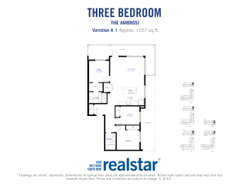 a floor plan of three bedroom apartment