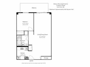 A floor plan for Albany Place Apartments showing a bedroom, living/dining room, kitchen, and storage.