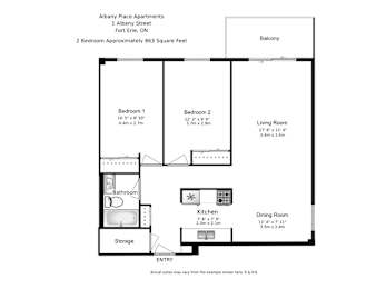 A floor plan for Albany Place Apartments shows two bedrooms, a living room, a dining room, a kitchen, a bathroom, and storage.
