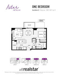 A floor plan for a one bedroom apartment at Aster East Village.