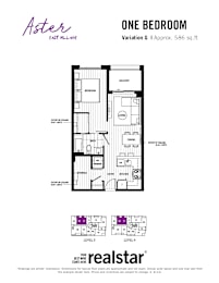 A floor plan for a one bedroom apartment in East Village.