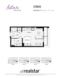 A floor plan for a studio apartment with a kitchen, living room, bedroom, and bathroom.