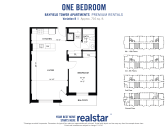 1 bedroom 1 bathroom floor plan with open-concept galley kitchen at Bayfield Tower Apartments in Barrie
