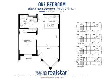 1 bedroom 1 bathroom floor plan with large living room at Bayfield Tower Apartments in Barrie