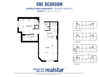 Unique 1 bedroom 1 bathroom floor plan on the 2nd floor at Bayfield Tower Apartments in Barrie