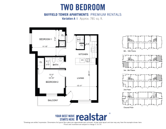 Two bedroom one bathroom floor plan variation A at Bayfield Tower Apartments in Barrie