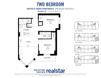 2 bedroom 1 bathroom variation B layout at Bayfield Tower Apartments in Barrie
