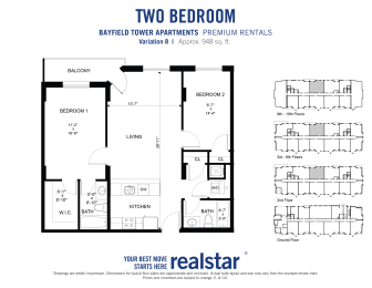 Two bedroom two bathroom floor plan with large walk-in-closet and en-sute bathroom