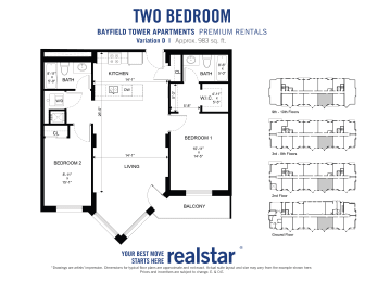 Two bedroom two bathroom floor plan with primary bedroom walk-through and walk-in closets leading to en-suite bathroom