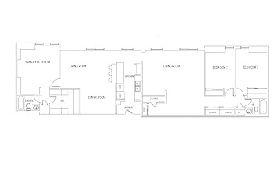 Floor Plan  A floor plan of a house with a primary bedroom, two living rooms, two bedrooms, a dining room, an office, a laundry room, a garage, and a storage room.