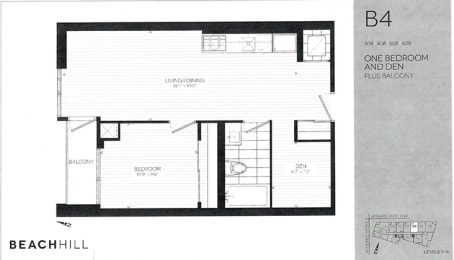 One bedroom plus den, one bathroom apartment layout at BeachHill Apartments in Toronto, ON