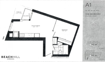 One bedroom, one bathroom apartment layout at BeachHill Apartments in Toronto, ON