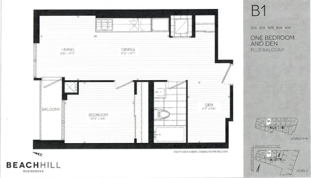 One bedroom plus den, one bathroom apartment layout at BeachHill Apartments in Toronto, ON