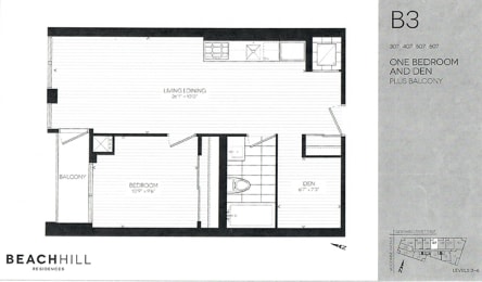 One bedroom plus den, one bathroom apartment layout at BeachHill Apartments in Toronto, ON