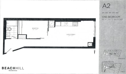 One bedroom, one bathroom apartment layout at BeachHill Apartments in Toronto, ON