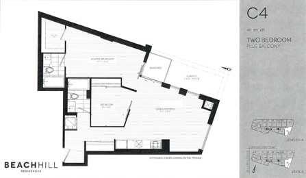 Two bedroom, two bathroom apartment layout at BeachHill Apartments in Toronto, ON