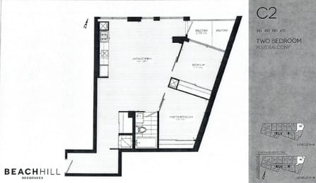 Two bedroom, one bathroom apartment layout at BeachHill Apartments in Toronto, ON