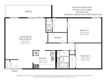 A floorplan of a two bedroom, one bathroom apartment layout at Brockville Apartments in Brockville, ON