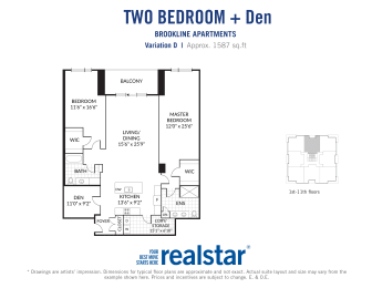 the floor plan of two bedroom + den