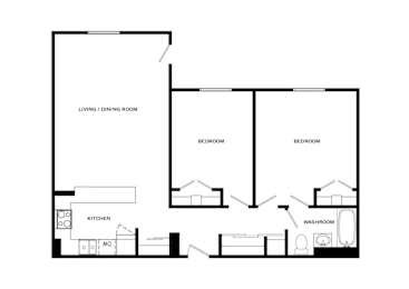 A black and white image of a floor plan for a house with a living/dining room, kitchen, two bedrooms, and a washroom.