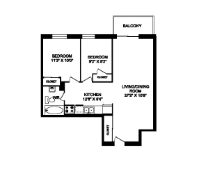 Floor Plan  Two bedroom one bathroom apartment variation A layout at Cedarpoint Apartments in Cambridge, ON
