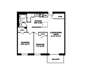 Floor Plan  Two bedroom one bathroom variation C apartment layout at Cedarpoint Apartments in Cambridge, ON
