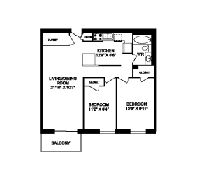 Floor Plan  Two bedroom one bathroom apartment variation D layout at Cedarpoint Apartments in Cambridge, ON