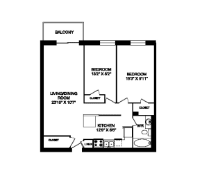 Floor Plan  Two bedroom one bathroom apartment variation E layout at Cedarpoint Apartments in Cambridge, ON