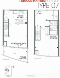 the floor plans for the two bedroom pent house type 01 and 02