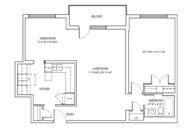 Floor Plan  One bedroom, one bathroom apartment layout at Fairway Towers in Sarnia, ON