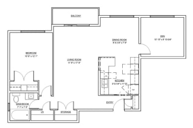 Floor Plan  One bedroom plus den, one bathroom apartment layout at Fairway Towers in Sarnia, ON