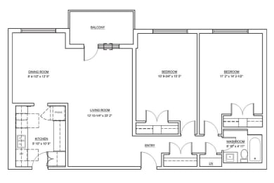 Floor Plan  Two bedroom, one bathroom apartment layout at Fairway Towers in Sarnia, ON