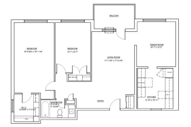 Floor Plan  Two bedroom, one bathroom apartment layout at Fairway Towers in Sarnia, ON