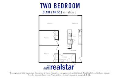 Glades on 55 apartments two bedroom, one bathroom variation B