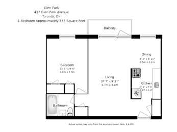 Floor Plan  A floor plan for a 1 bedroom apartment at Glen Park.