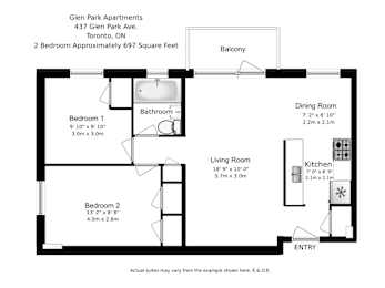 Floor Plan  A floor plan for a 2 bedroom apartment at Glen Park Apartments.